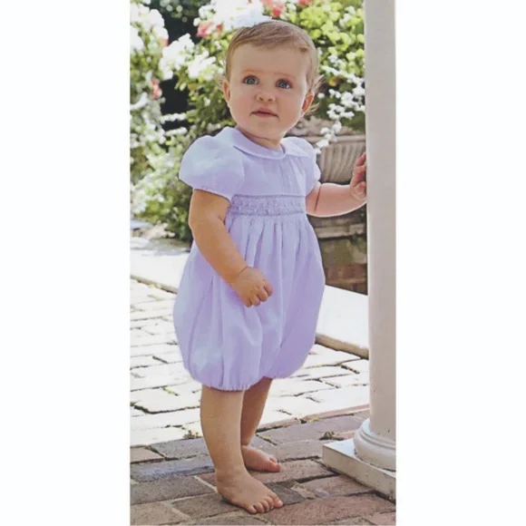 RARE Strasburg Romper Lavender Cotton Smocked Embroidery Bubble PERFECT NWOT